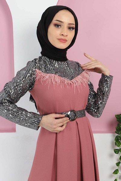 Modamihram Sequined Feathered Evening Dress Dusty Rose