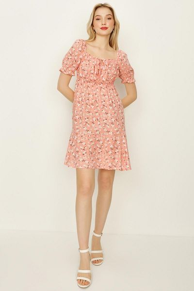 Select Moda Women's Pink Flower Patterned Pentagonal Collar Balloon Sleeve Mini Dress