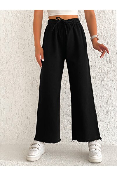 LB Laluna Butik بنطال بالازو فضفاض بخصر مطاطي أسود للسيدات