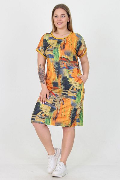 Neşeli Butik Women's Yellow New Season Large Size Viscose Dress with Pockets Aysl28