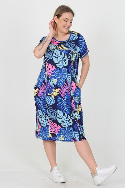 Neşeli Butik Rochie de damă albastră cu model floral de mărime mare din viscoză Aysl24