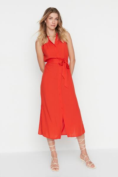 Trendyol Collection Piros öves uralkodó galléros Midi szőtt ingruha TWOSS19XM0112