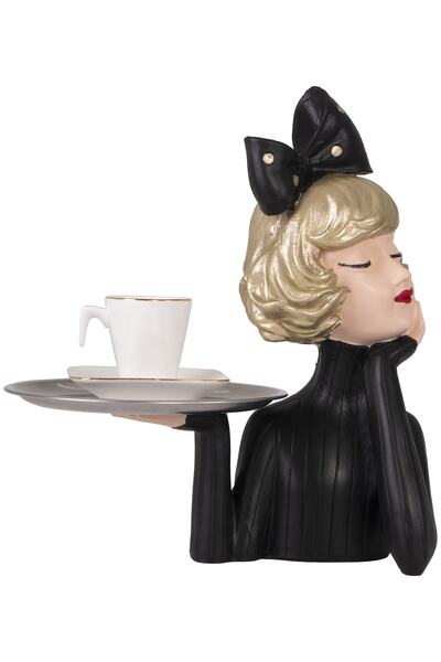 SNM Home Decoration - Tepsili Kız Sunumluk Siyah Biblo Obje 34x27 Cm