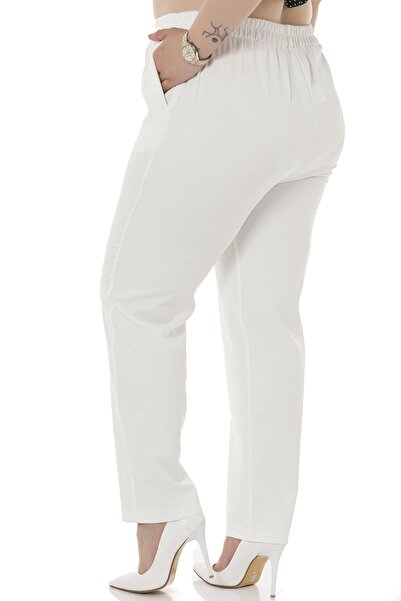 DISENTIS MODEST Pantaloni albi de marime mare cu talie, laterale si spate elastice si buzunare inguste la picioare