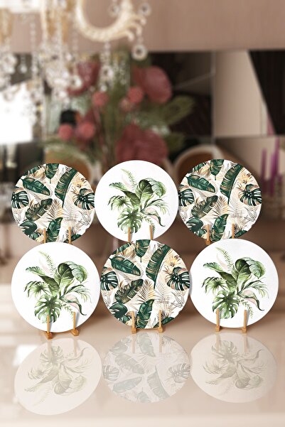 Realhomes 6'lı Yeşil Tropik Yaprak Özel Tasarımlı Dijital Baskılı Yuvarlak Se...