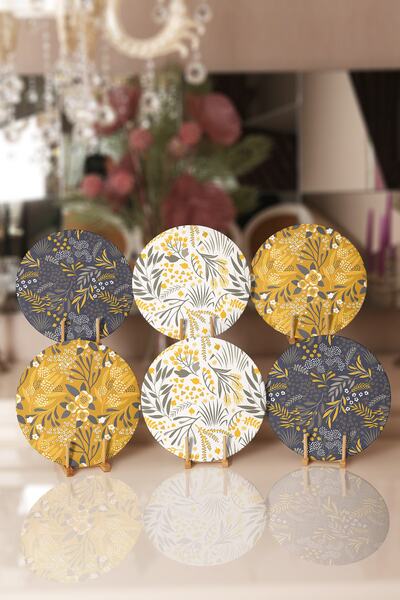 Realhomes 6'lı Renkli Zeminler Tropik Çiçekler Dijital Baskılı Yuvarlak Servi...