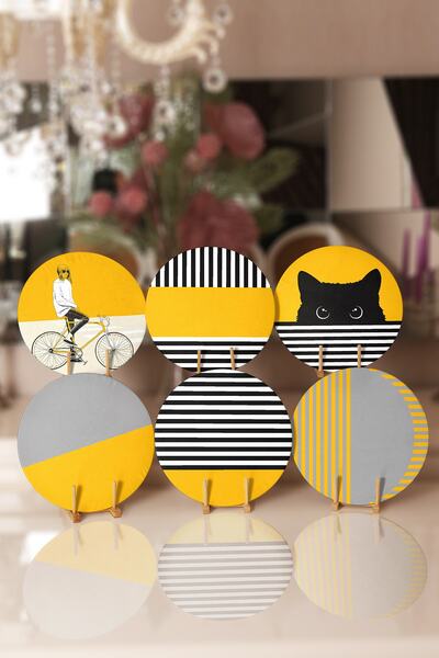 Realhomes 6'lı Hardal Bisikletli Kedili Motifli Dekoratif Yuvarlak Servis Alt...