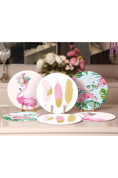 Realhomes 6-Piece Pink Themed Flamingo Design Digital Printed Modern Round Placemat & Plate