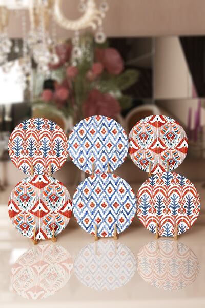 Realhomes 6'lı Kırmızı Mavi Suluboya Tasarımlı Dijital Baskuılı Yuvarlak Serv...