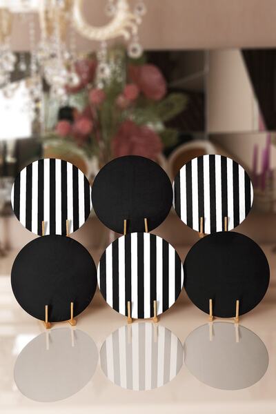 Realhomes 6'lı Siyah Beyaz Çizgili Düz Siyah Özel Tasarımlı Modern Yuvarlak S...