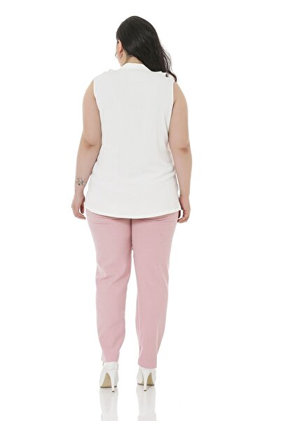 DISENTIS MODEST Large Size Powder Trousers with Elastic Waist Side and Back Narrow Leg Pockets