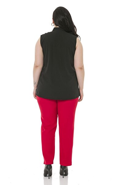 DISENTIS MODEST Large Size Red Trousers with Elastic Waist, Side and Back and Narrow Leg Pockets