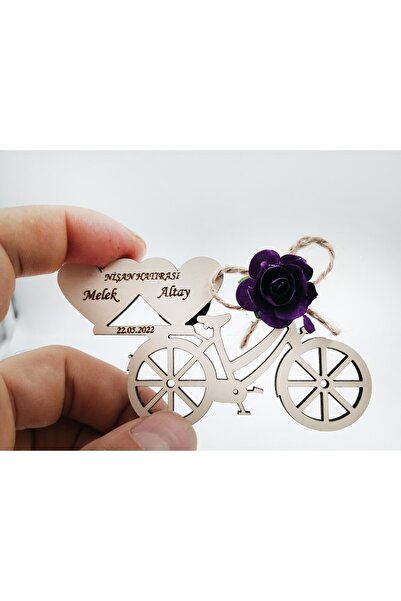 WoodBdesigN 25 Adet Nikah Şekeri & Düğün & Söz & Nişan Magneti Ahşap Mıknatıslı Çiçekli Kalpli Bisiklet