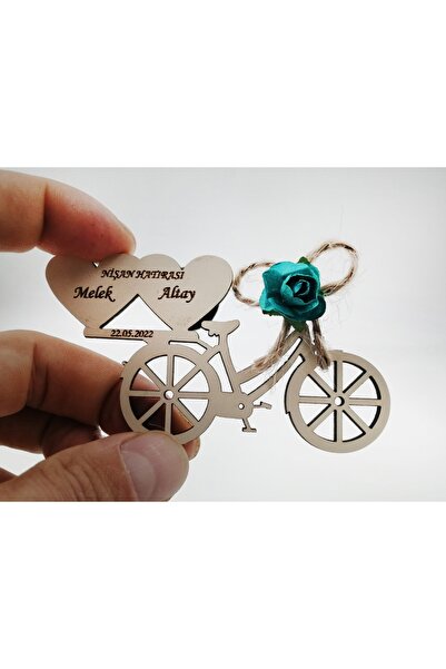 WoodBdesigN 25 Adet Nikah Şekeri & Düğün & Söz & Nişan Magneti Ahşap Mıknatıslı Çiçekli Kalpli Bisiklet