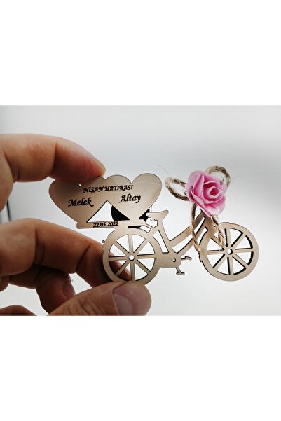 WoodBdesigN 25 Adet Nikah Şekeri & Düğün & Söz & Nişan Magneti Ahşap Mıknatıslı Çiçekli Kalpli Bisiklet