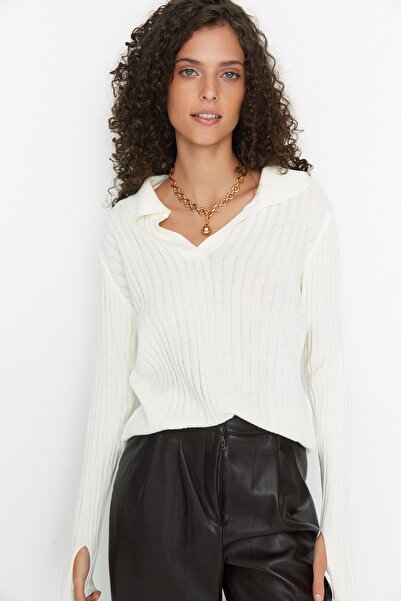 Trendyol Collection Ecru Detailní svetr s límcem Polo límec TWOAW21KZ1113