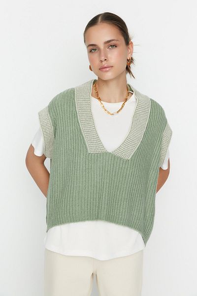 Trendyol Collection Mint Wide Fit Soft Textured Color Block Knitwear Sweater TWOAW21BZ0014