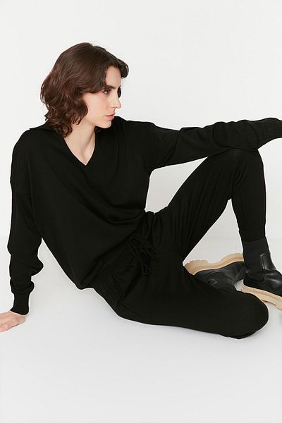 Trendyol Collection Fekete Polo gallér kötöttáru felső és alsó készlet TWOAW22AU0059