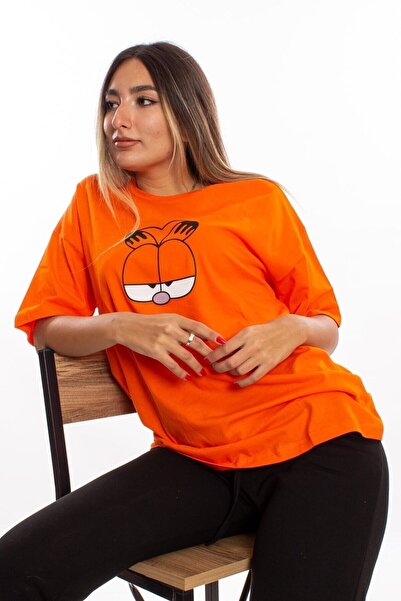 Laluvia Pomarańczowa koszulka oversize unisex z nadrukiem Garfield