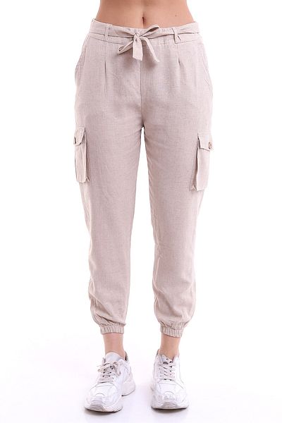 Winmoda34 Linen Trousers Cargo Pocket Elastic Leg Stone Color