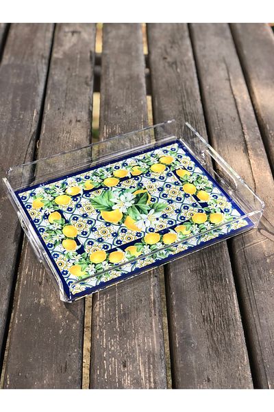 Queen Bee İstanbul Lemon Flower Patterned Plexiglass Tray 25x17cm