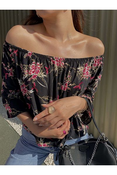 Jose Clothing Γυναικεία μπλούζα με φλοράλ στάμπα με γιακά Madonna και λεπτομέρεια βολάν