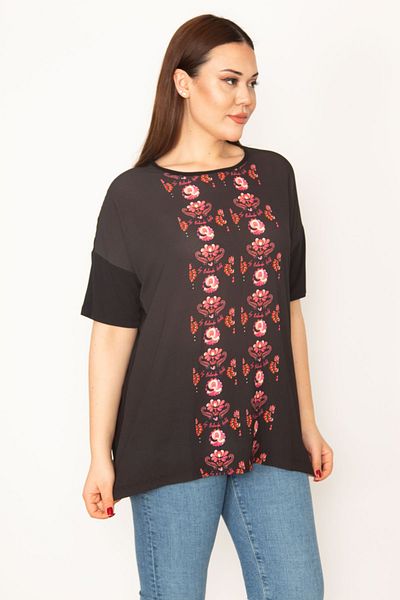 Şans Women's Large Size Black Front Patterned Short Sleeve Blouse 65n32983