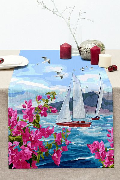 Realhomes Watercolor Sailor Patterned Digital Printed Modern Stitched Raschel Knitted Runner