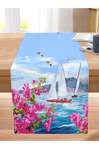Realhomes Watercolor Sailor Patterned Digital Printed Modern Stitched Raschel Knitted Runner