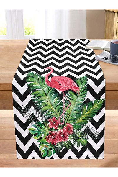 Realhomes Modern Stitched Raschel Knitted Runner with Flamingo and Leaves Design on Zigzag Floor