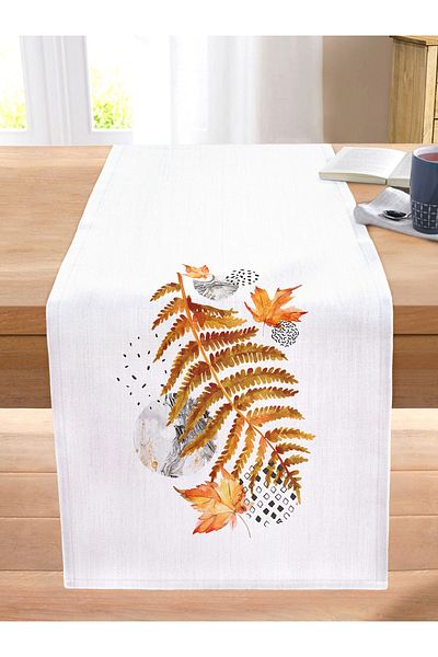 Realhomes Autumn Dried Leaf Pattern Stitched Raschel Knitted Runner on White Marble Background