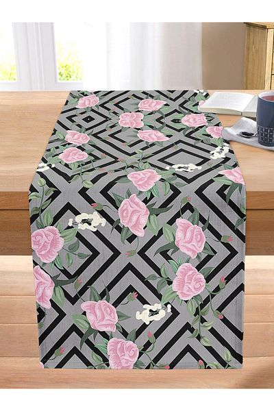 Realhomes Geometric Drawing Background Rose Motif Stitched Raschel Knitted Runner