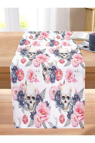 Realhomes Special Design Digital Printed Modern Stitched Raschel Knitted Runner with Skull Motif on White Background