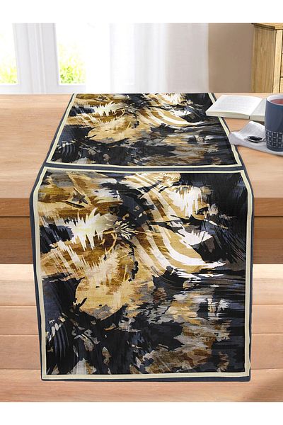 Realhomes Black And Gold Harmony Special Design Digital Printed Modern Stitched Raschel Knitted Runner