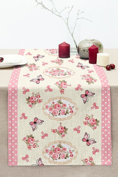 Realhomes Pink Butterfly Detailed Rose Themed Stitched Raschel Knitted Runner