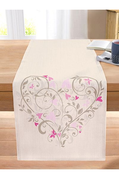 Realhomes Cream Floor Heart Motif Digital Printed Stitched Raschel Knitted Runner