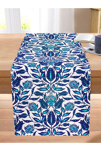 Realhomes Blue Cyan Ethnic Patterned Decorative Stitched Raschel Knitted Runner