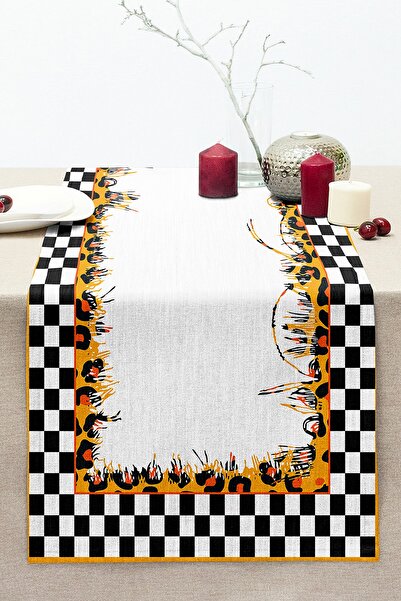 Realhomes Dama Çerçeveli Sarı Zebra Motifli Modern Dikişli Raşel Örme Runner