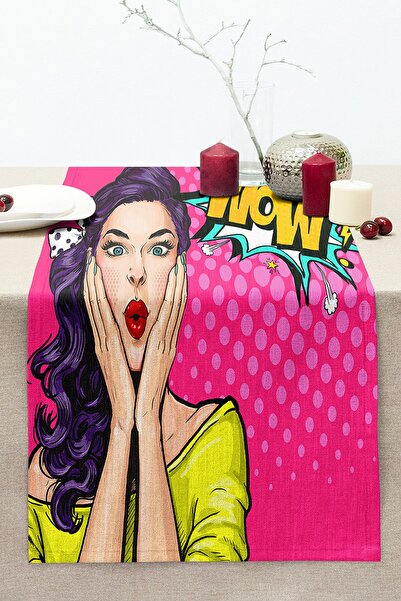 Realhomes Pop Art Resimli Dijital Baskılı Dekoratif Dikişli Raşel Örme Runner