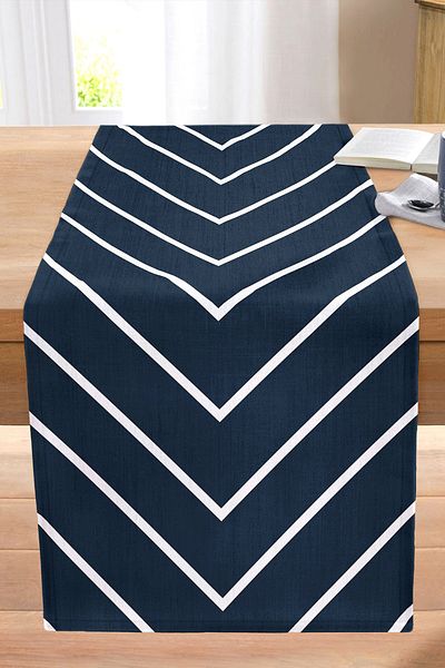Realhomes Navy Blue White Striped Design Decorative Stitched Raschel Knitted Runner