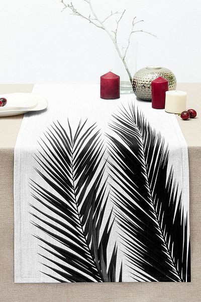 Realhomes Black and White Palm Leaves Digital Printed Stitched Raschel Knitted Runner