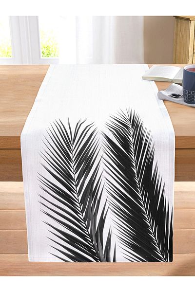 Realhomes Black and White Palm Leaves Digital Printed Stitched Raschel Knitted Runner