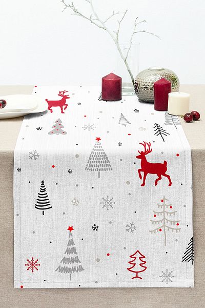 Realhomes Red Deers And Trees New Year's Concept Digital Printed Modern Stitched Raschel Runner