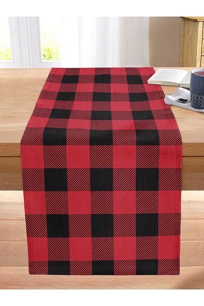 Realhomes Red Plaid Design Digital Printed Modern Stitched Raschel Knitted Runner
