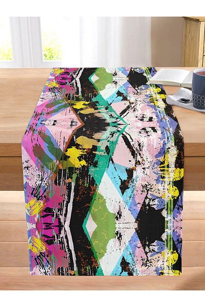 Realhomes Colorful Water Paint Brush Impact Motif Modern Stitched Raschel Knitted Runner
