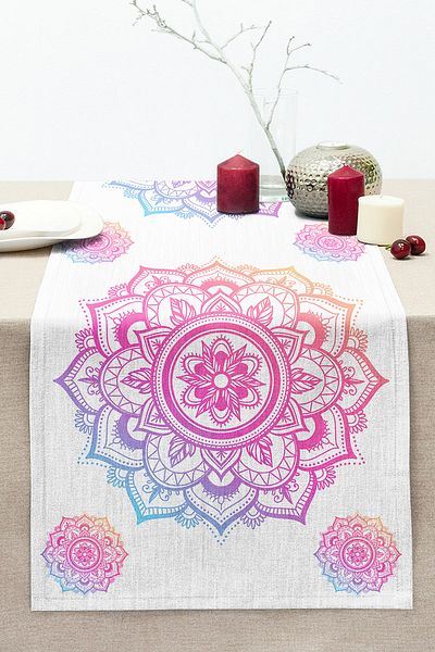 Realhomes Pink and Blue Mandala Patterned Special Design Stitched Raschel Knitted Runner on White Background