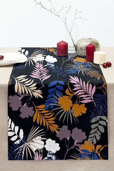 Realhomes Digital Printed Modern Stitched Raschel Knitted Runner with Colorful Leaf Pattern on Black Background