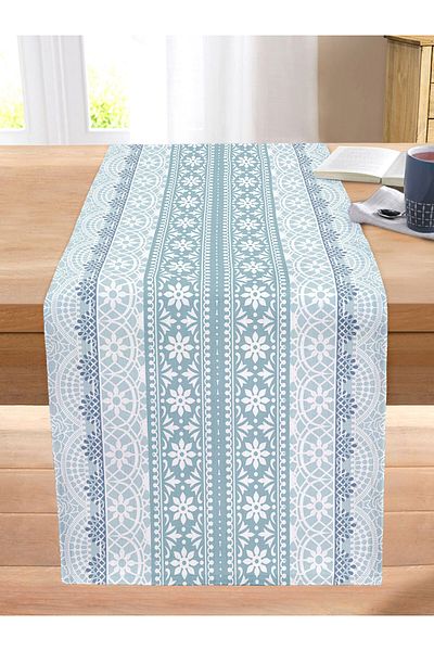 Realhomes Light Blue Oriental Shaped Digital Printed Stitched Raschel Knitted Runner