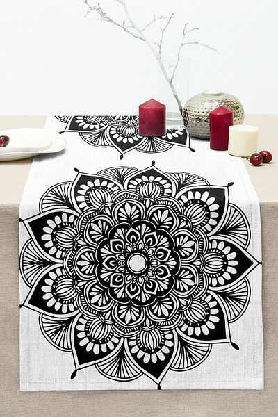 Realhomes Stitched Raschel Knitted Runner with Floral Mandala Pattern on White Background