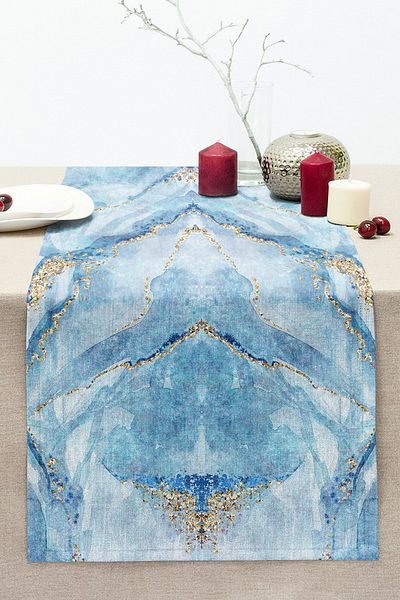 Realhomes Blue Colored Marble Patterned Digital Printed Stitched Raschel Knitted Runner